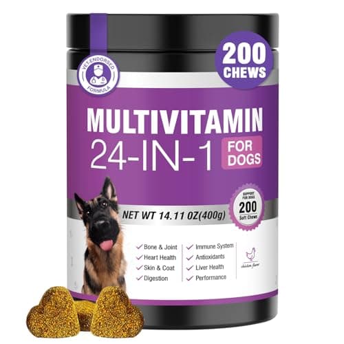 Vitaminas y Suplementos 24 en 1 para Perros (200 Masticables) - Soporte Integral: Piel, Articulaciones, Digestión, Inmunidad - Con Condroitina, Probióticos, Omega-3 y Glucosamina - Sabor Pollo