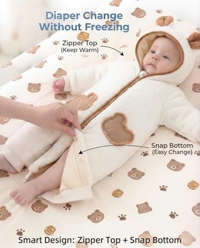 JiAmy Baby Fleece Snowsuit Newborn Hooded Winter Outfits Infant Boys Girls Hooded Zipper Jumpsuit Romper White 0-3 Months