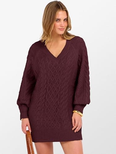 ANRABESS Women Sweater Dress Oversized V Neck Cable Knit Fall Long Sleeve