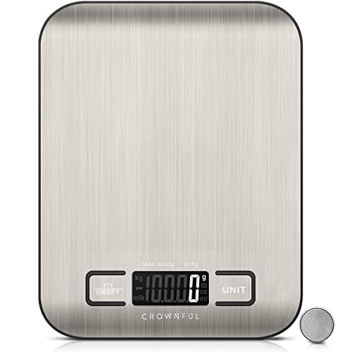 CROWNFUL Food Scale, 11 lb Digital Kitchen Scales with Built-in Coin Battery, Weight Ounces and Grams for Cooking and Baking, 6 Units with Tare Function, LCD Display, 304 Stainless