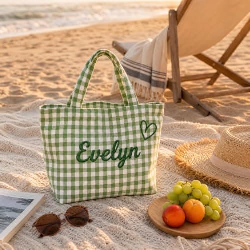 Bolso Tote KEQHAULI Personalizado a Cuadros Bordado con Nombre – Grande, Ligero y Versátil