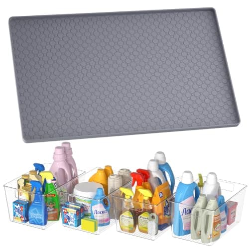 Tapete Impermeable para Bajo Fregadero (34"x22") con 4 Contenedores Transparentes: Set Organizador Esencial para Cocina, Baño, Despensa y Hogar