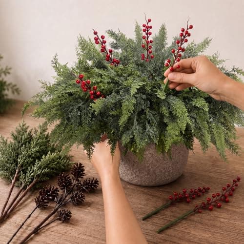 12 Artificial Christmas Cedar Branches, 17.5", with 3 Red Berry Picks | Real Touch Pine Stems with Red Berry Accents for Planters, Vases, Wreaths, Garlands, Mantels and Christmas Decor