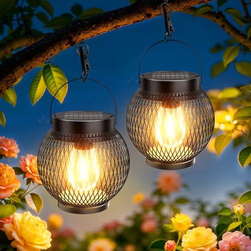 Solar Lanterns Outdoor Waterproof, Upgraded Hanging Solar Lights for Outside, Metal Solar Hanging Lanterns with Clip, Solar Powered Lantern for Patio Porch Garden Decor, 2 Pack
