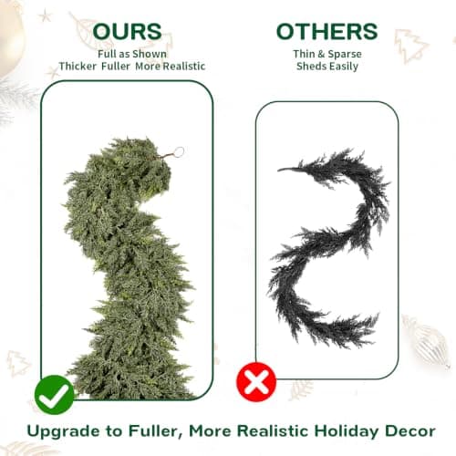9FT Christmas Garland with Lights, Extra Full Lighted Cedar Garland | Thick Pine Garland with 240 Layered Branches,Lifelike Two-Tone Foliage,Greenery for Staircase Mantle Fireplace Table Doorways