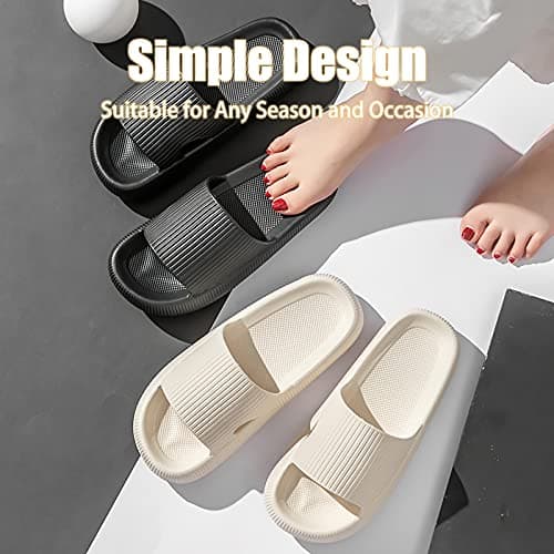 rosyclo Cloud Like Slides Sandals for Women and Men,Tan Beige W7.5-8.5/M6-7 | Cushioned Thick Sole Slides, Foot Pain Relief, Pillow Comfortable Supportive Shower Shoes, Indoor Outdoor House Slippers