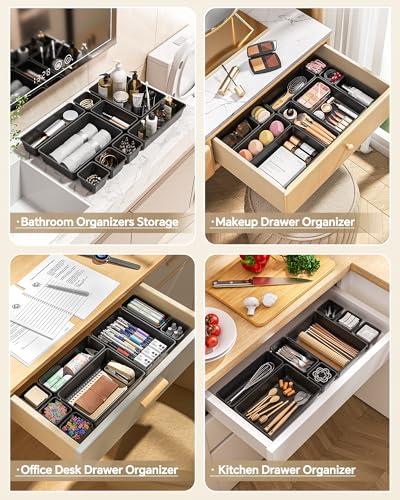 KEMETHY 25 PCS Plastic Drawer Organizers Set, 4 Sizes Vanity Organizer, Makeup and Desk Drawer Organizer Trays, Organization and Storage for Makeup, Bathroom, Kitchen Utensils and
