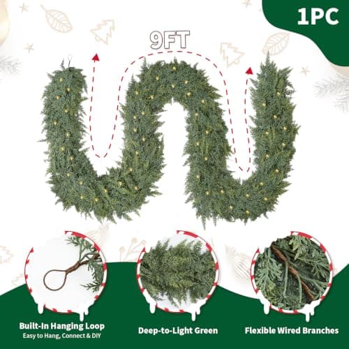 9FT Christmas Garland with Lights, Extra Full Lighted Cedar Garland | Thick Pine Garland with 240 Layered Branches,Lifelike Two-Tone Foliage,Greenery for Staircase Mantle Fireplace Table Doorways