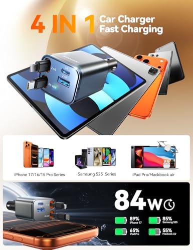 Cargador Retráctil JOYROOM 84W Ultra Compacto para Auto con USB C y Carga Rápida