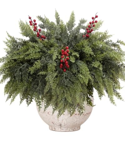 12 Artificial Christmas Cedar Branches, 17.5", with 3 Red Berry Picks | Real Touch Pine Stems with Red Berry Accents for Planters, Vases, Wreaths, Garlands, Mantels and Christmas Decor