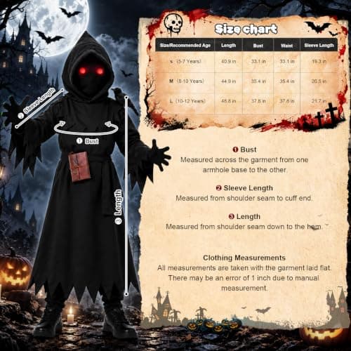 Lucky Merit 27 PCS Grim Reaper Halloween Costume for Kids Ages 5-12