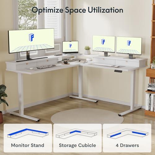FLEXISPOT Escritorio Eléctrico Ajustable en L de 71" con Estante y Cajones, Blanco
