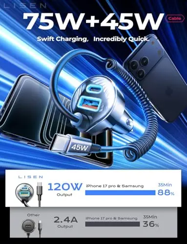 Cargador LISEN 90W USB-C para Auto: ¡Carga Rápida para iPhone y Samsung!