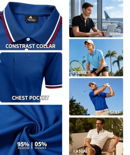 ZITY Mens Polo Shirts Short Sleeve Casual Collared Shirts Moisture Wicking Athletic Work Golf Shirts for Men with Pocket Royal Blue