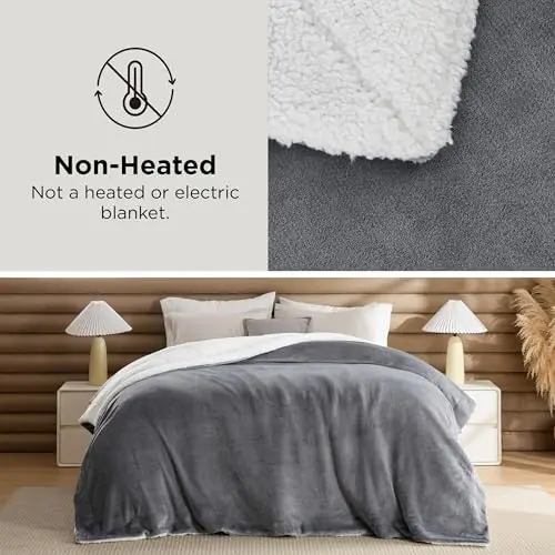 Bedsure GentleSoft Sherpa Fleece King Blankets for Bed, Non-Heated, Thick and Warm Throw for Women and Men, Soft Fuzzy Plush King Blanket for Winter, Grey, 108x90 Inches