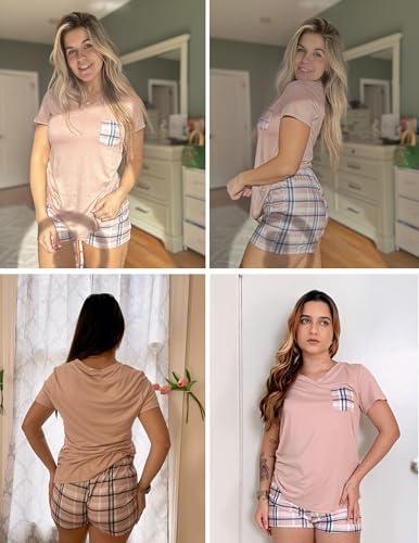 Pijama Ekouaer para Mujer: Manga Corta, Cuello V, Cuadros Rosas