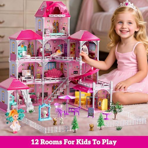 JUKUDAHU Villa Playset for Girls Ages 3-7, 4-Story 12 Room House with 2 Dolls, Furniture and Accessories, Indoor Playset Girls Toys for Ages 6-8, Pretend Toddler Toy, Birthday Gift