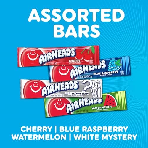 Airheads Full-Size Candy Bars, Assorted Taffy Variety Pack, 60 Count Box (S&S)