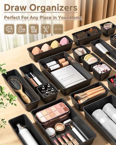 KEMETHY 25 PCS Plastic Drawer Organizers Set, 4 Sizes Vanity Organizer, Makeup and Desk Drawer Organizer Trays, Organization and Storage for Makeup, Bathroom, Kitchen Utensils and