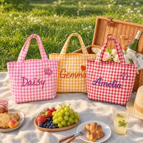 Bolso Tote KEQHAULI Personalizado a Cuadros Bordado con Nombre – Grande, Ligero y Versátil