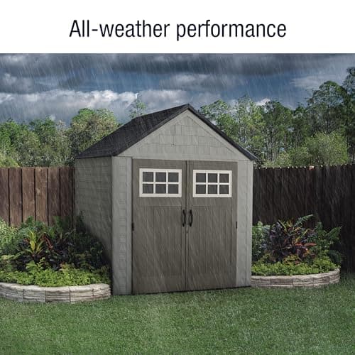 Rubbermaid 7 Foot by 7 Foot Weatherproof Outdoor Storage Shed for Garden Tools and Lawn Machinery Organization with Lockable Double Door Sandstone