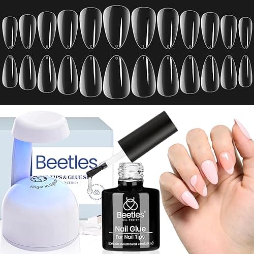 Beetles Gel Nail Kit Almond-500Pcs Gel Nails Tip Easy Extension Set Short Almond Shape 9 In 1 Nail Glue Extension Set Uv Led Lamp Acrylic False Tips Kit DIY Nails Art Gifts for Wom