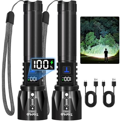 TrixHub Rechargeable LED Flashlights High Lumens 2Pack, Super Bright Zoomable Handheld Flash Light with LCD Digital Display, Powerful Emergency Linternas, Waterproof, Long Lasting,