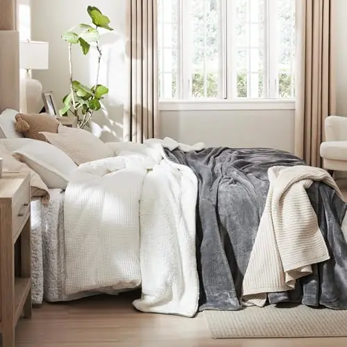 Bedsure GentleSoft Sherpa Fleece King Blankets for Bed, Non-Heated, Thick and Warm Throw for Women and Men, Soft Fuzzy Plush King Blanket for Winter, Grey, 108x90 Inches
