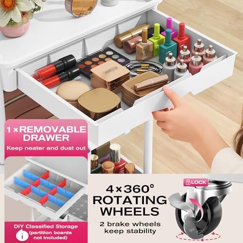 Goovilla Rolling Makeup Organizer Cart with Removable Drawer, 3 Tier Stable White Floor Skincare Storage Cart for Vanity, Cosmetic Display, Nail Polish, Perfume, Hair Stuff, Beauty