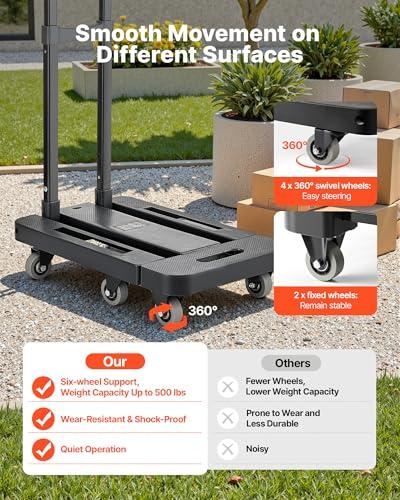 Diablo Plegable VEVOR: 500 lb, 6 Ruedas, Base Expandible