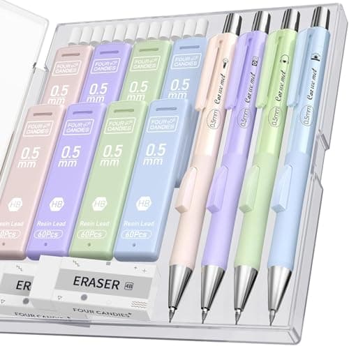 Four Candies Cute Mechanical Pencil Set with Case, 4PCS 0.5mm Pastel Fast Click Aesthetic Mechanical Pencils with 480PCS HB Lead Refills, 2 Erasers, 12 Eraser Refills School Suppli