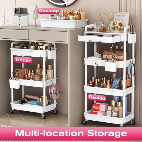 Goovilla Rolling Makeup Organizer Cart with Removable Drawer, 3 Tier Stable White Floor Skincare Storage Cart for Vanity, Cosmetic Display, Nail Polish, Perfume, Hair Stuff, Beauty