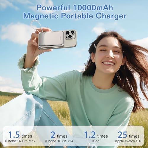 Magnetic Power Bank 10000mAh, Wireless Portable Charger with 15W Max Fast Charging & Built-in USB-C Cable, 22.5W PD LED Display Battery Pack Compatible with iPhone 17/16/15, Samsun