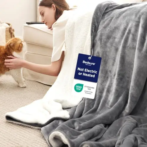 Bedsure GentleSoft Sherpa Fleece King Blankets for Bed, Non-Heated, Thick and Warm Throw for Women and Men, Soft Fuzzy Plush King Blanket for Winter, Grey, 108x90 Inches