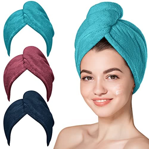 Hicober Microfiber Hair Towel Wrap for Women, Plum Navy Aqua Green, 3-Pack | Soft, highly absorbent wrap helps hair dry faster and stays securely in place on curly, thick or long hair