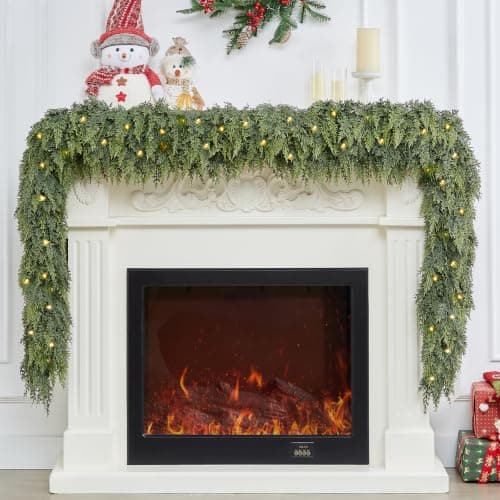 9FT Christmas Garland with Lights, Extra Full Lighted Cedar Garland | Thick Pine Garland with 240 Layered Branches,Lifelike Two-Tone Foliage,Greenery for Staircase Mantle Fireplace Table Doorways