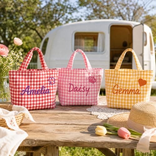 Bolso Tote KEQHAULI Personalizado a Cuadros Bordado con Nombre – Grande, Ligero y Versátil
