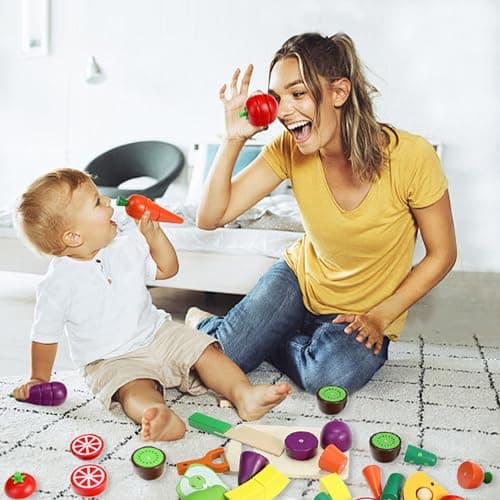 Wooden Play Food for Kids Kitchen, Fruit & Veggies Cutting Set for Toddlers