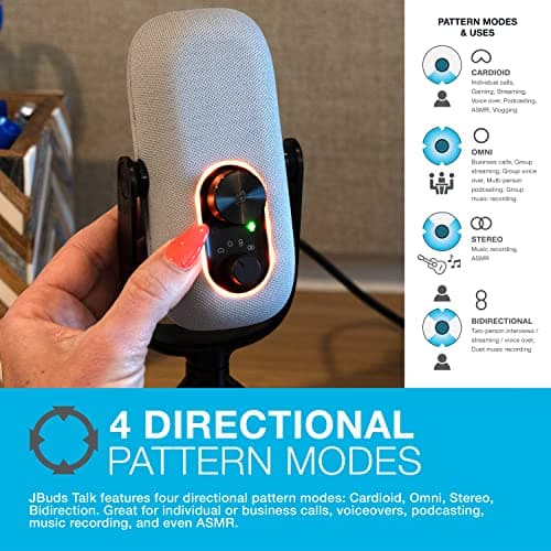JLab JBuds Talk USB-C Microphone with Cardioid, Omni, Stereo, bi-Directional Modes, gain and Mute Controls, 3.5mm aux, White