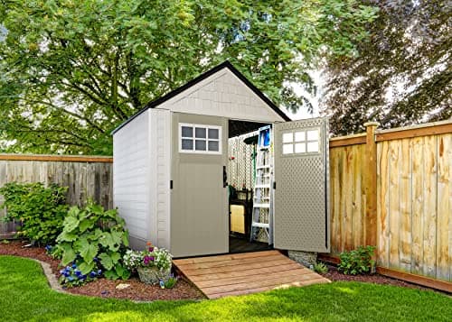 Rubbermaid 7 Foot by 7 Foot Weatherproof Outdoor Storage Shed for Garden Tools and Lawn Machinery Organization with Lockable Double Door Sandstone