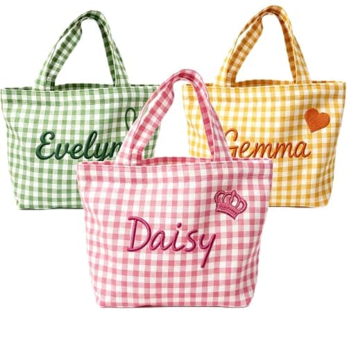 Bolso Tote KEQHAULI Personalizado a Cuadros Bordado con Nombre – Grande, Ligero y Versátil