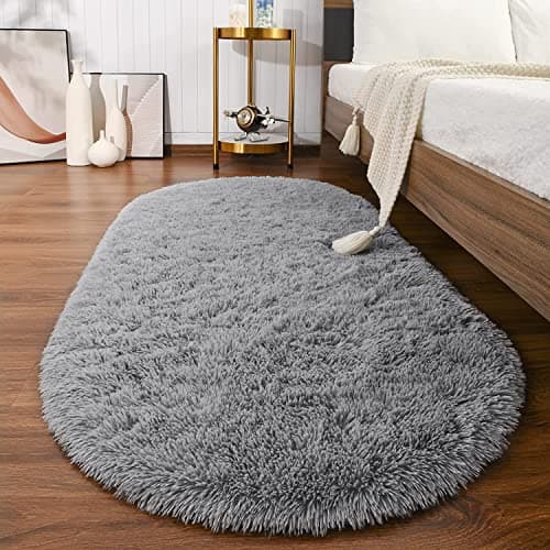 Softlife Fluffy Rugs for Bedroom, 2 Packs Shag Cute Area Rug for Girls and Kids Baby Room Home Decor, 2.6 x 5.3 Feet Oval Indoor Carpet for Nursery Dorm Living Room, Grey