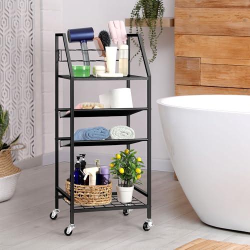OYEAL 4 Tier Metal Bathroom Cart on Wheels Black Freestanding Bathroom Shelf Organizer with storage shelves Hair Dryer Holder Movable Towel Storage Cart for Liviing Room, Laundry R