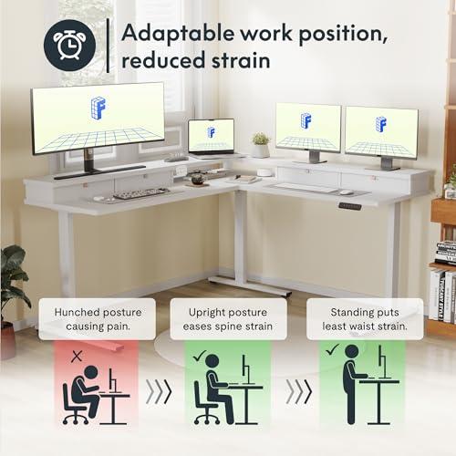 FLEXISPOT Escritorio Eléctrico Ajustable en L de 71" con Estante y Cajones, Blanco