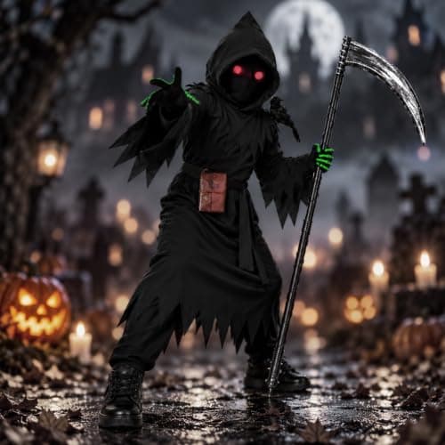Lucky Merit 27 PCS Grim Reaper Halloween Costume for Kids Ages 5-12