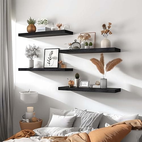 GXYAWPJ Black Wood Floating Shelves for Wall Rustic Wall Shelves for Bedroom Set of 6