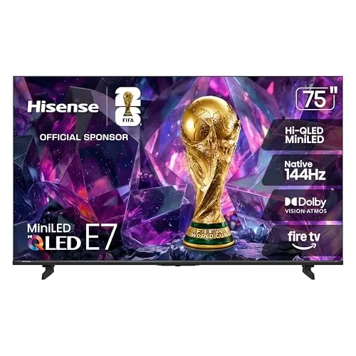 Hisense 75" E7 Cinema Series Hi-QLED Mini-LED 4K UHD Smart Fire TV (75E7SF, 2026 NEW) - Native 144Hz, AI Picture, Dolby Vision IQ · Atmos, FALD, HDR10+ Adaptive, MEMC, Alexa+