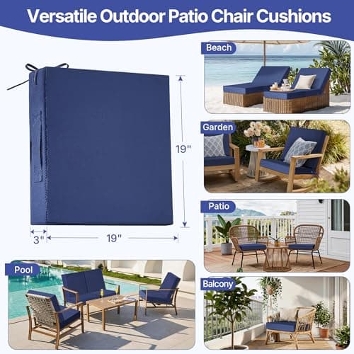 SurChic Outdoor Chair Cushions Set of 4 for Outdoor Patio Furniture, Waterproof Patio Seat Cushions with Handle & Ties, 3 Year Color Fastness Square Garden Sofa Couch Pads, 19" x 19" x 3", Navy Blue