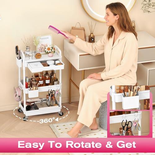 Goovilla Rolling Makeup Organizer Cart with Removable Drawer, 3 Tier Stable White Floor Skincare Storage Cart for Vanity, Cosmetic Display, Nail Polish, Perfume, Hair Stuff, Beauty