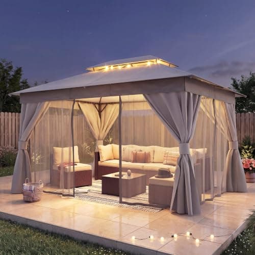 LAUSAINT HOME 10x12 Gazebo Canopy with Netting, Curtains & Double Roof